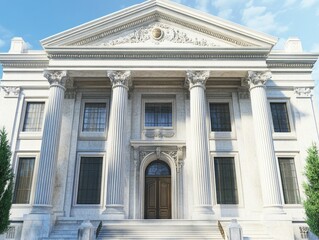 2408 102.A classic bank building with a solid front view, showcasing tall, elegant columns and a large set of stairs leading to the main entrance. The structure is detailed with ornamental carvings