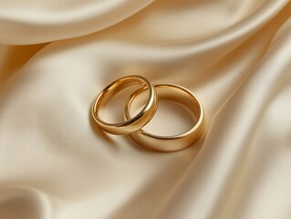 2408 109.A pair of classic gold wedding bands arranged on a silky satin fabric, the soft pleats providing depth and texture. The delicate interplay of light and shadow on the fabric enhances the