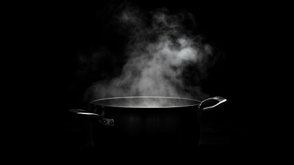 Black electric pot for boiling water or boiling soups and smoke on dark background for people Cooking in the pot, steam over cooking pot,boiling water in the kitchen room.