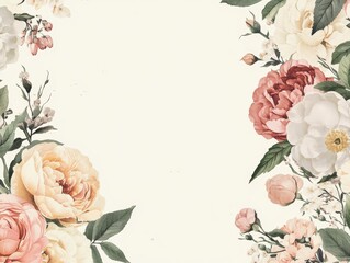 2408 117.A beautifully designed wedding invitation template with a vintage floral arrangement of soft roses and peonies framing the card. The delicate flowers in muted tones create a romantic,