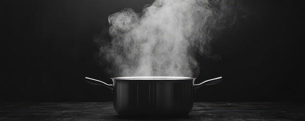 Black electric pot for boiling water or boiling soups and smoke on dark background for people Cooking in the pot, steam over cooking pot,boiling water in the kitchen room.