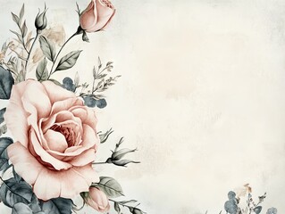 2408 118.A vintage-inspired wedding invitation template with a detailed flower arrangement in soft, pastel hues. The invitation features ornate borders of antique roses and delicate leaves, giving it