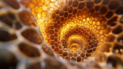 view of a honeycomb, showcasing the hexagonal cells