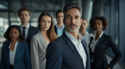 Obraz premium An authoritative business leader stands with team in sleek office setting, ready to drive company forward, essence of experienced, emphasizing readiness for modern business challenges.