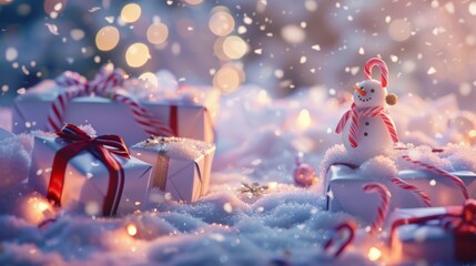 Festive snow scene with gifts and a cute snowman among falling snowflakes and twinkling lights.