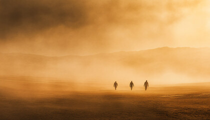 Capture people walking across a barren desert landscape, emphasizing isolation and the vastness of their surroundings