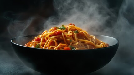 Delicious Spaghetti with tomato sauce in black bowl wirh smoke and steam,Traditional Hot pasta Chicken,Selective Focus at the front.hot food,menu in restaurant,cooking concept.