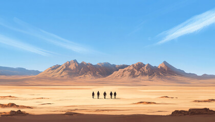 Fototapeta premium Capture people walking across a barren desert landscape, emphasizing isolation and the vastness of their surroundings
