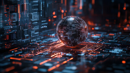 Globe with digital padlock over circuit board, dark background. Concept of global cybersecurity and digital protection