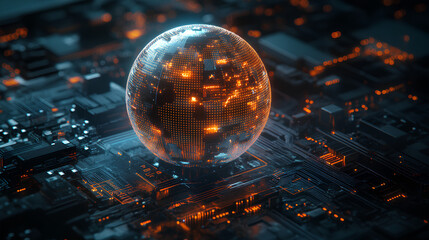 Globe with digital padlock over circuit board, dark background. Concept of global cybersecurity and digital protection