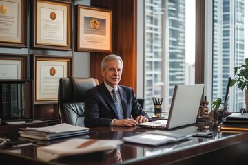 A lawyer attentively consults with a client in a sophisticated office filled with legal documents and awards while discussing case details. Generative AI