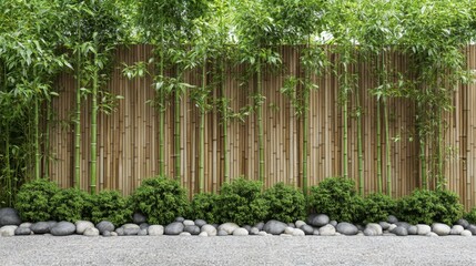 Fototapeta premium A minimalist bamboo tree fence with vertical branches creating a sleek and natural barrier for outdoor spaces. Realistic, highly detailed