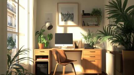 A minimalist home office featuring a wooden desk with decorative elements, a comfortable chair, and vibrant potted plants, illuminated by natural light.