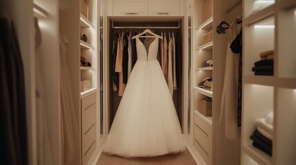 white wedding dress hanging elegantly in a walk-in closet