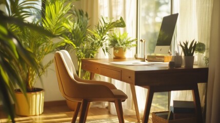 Fototapeta premium A modern home office showcasing a wooden desk with stylish decorative elements, a comfortable chair, and vibrant potted plants, all in a sunlit space.