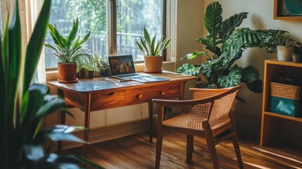 A modern home office showcasing a wooden desk with stylish decorative elements, a comfortable chair, and vibrant potted plants, all in a sunlit space.