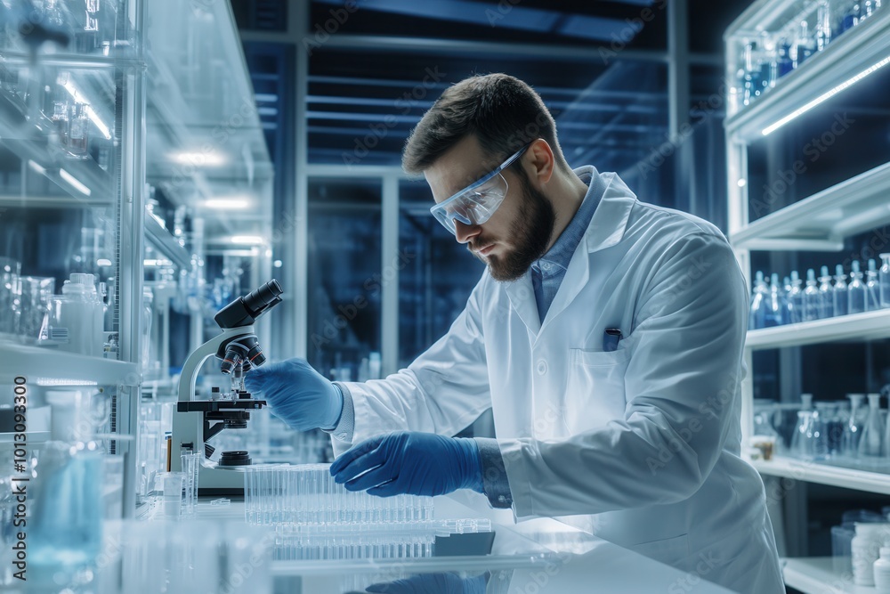 Poster a focused scientist in a lab coat carefully manipulates test tubes and samples under bright laborato