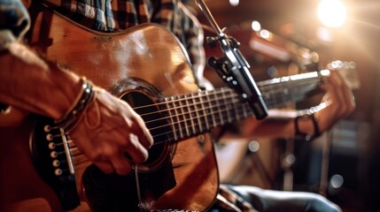 Obraz premium Close-Up of a Musician's Hand Playing an Acoustic Guitar