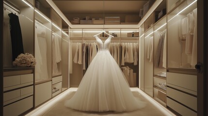 white wedding dress hanging elegantly in a walk-in closet