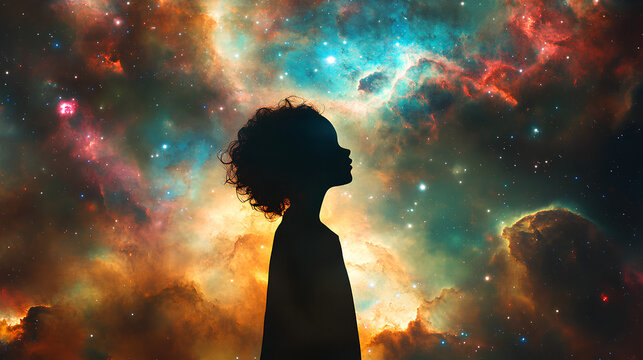 A child&rsquo;s silhouette against a backdrop of multicolored galaxies, representing the endless possibilities of a young mind