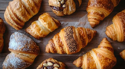 Fototapeta premium croissants arranged in wood table closeup background image 