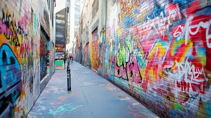 Fototapeta premium dull gray concrete wall covered in colorful graffiti in a busy urban alley