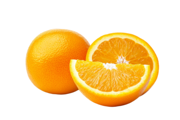 Fresh oranges, whole and sliced, showcasing vibrant color and juicy texture against a white background.