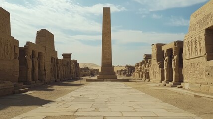 Ancient Egyptian temple with a tall obelisk.