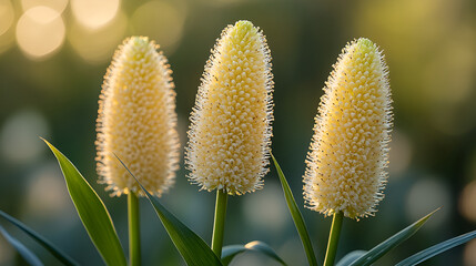 Obraz premium Beautiful yellow flower spikes bloom gracefully in a sunny garden, showcasing nature's intricate design during the golden hour