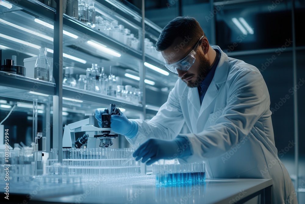 Leinwandbilder a scientist in protective gear meticulously works with test tubes and samples in a modern laboratory