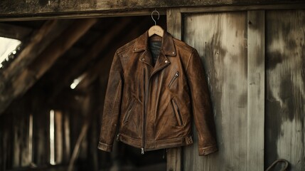 Naklejka premium faded brown leather jacket hanging on a hook