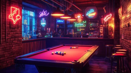 A pool table with vibrant lighting in a retro-themed bar, neon signs and hanging lights illuminating the scene. Realistic, highly detailed