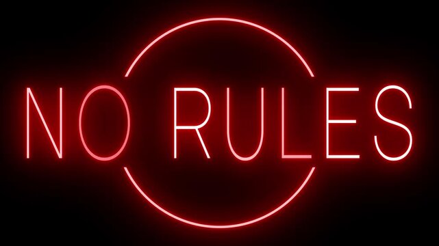 Flickering red retro style neon sign glowing against a black background NO RULES