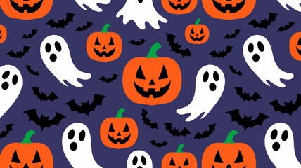 Halloween themed seamless pattern with jack-olantern pumpkins, ghosts and bats