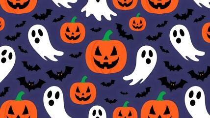 Halloween colorful seamless pattern with jack o lantern pumpkins, ghosts and bats