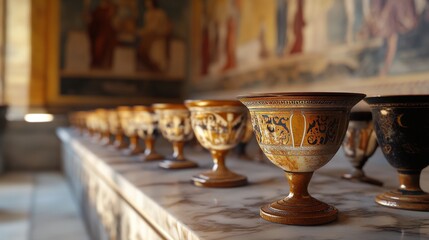 Ornate golden goblets on marble surface.