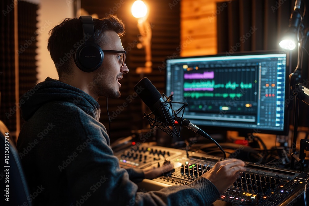 Fototapete A focused podcaster speaks into a microphone while managing sound levels and editing software in a well-equipped studio. Generative AI
