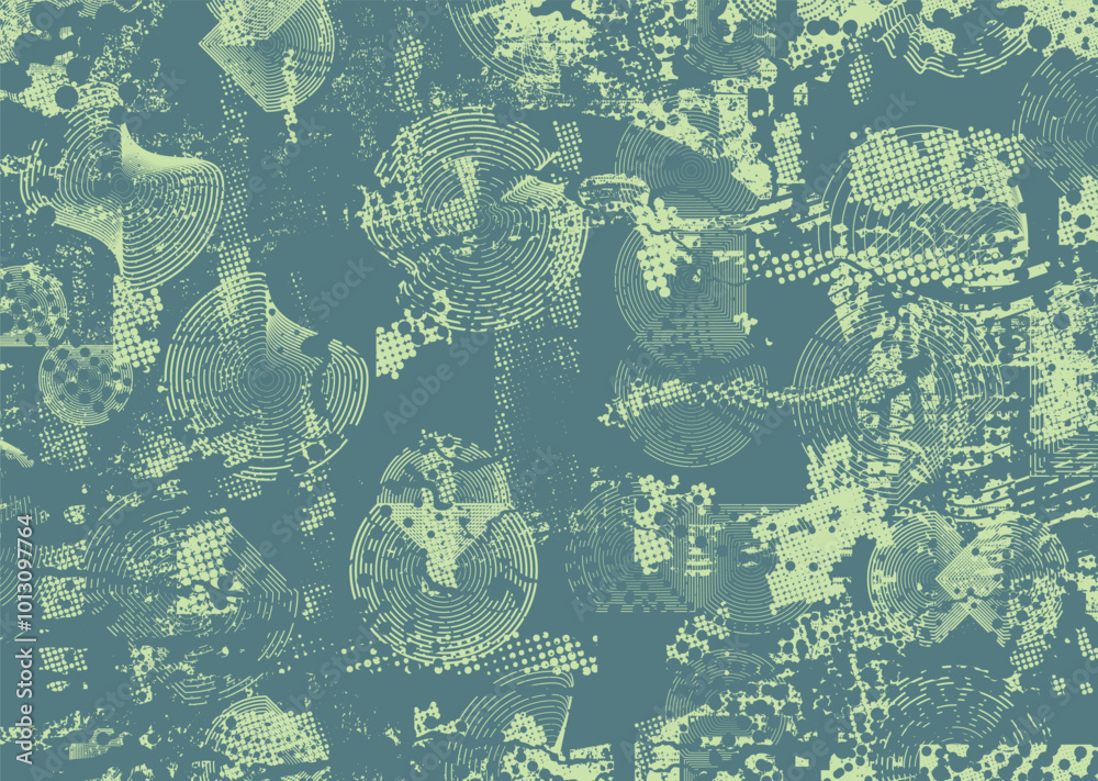 Poster Background with glitch distorted grunge textures . grunge background texture with halftone dots, glitched shapes, textures and lines .Screen print vector background with grunge textured surface.