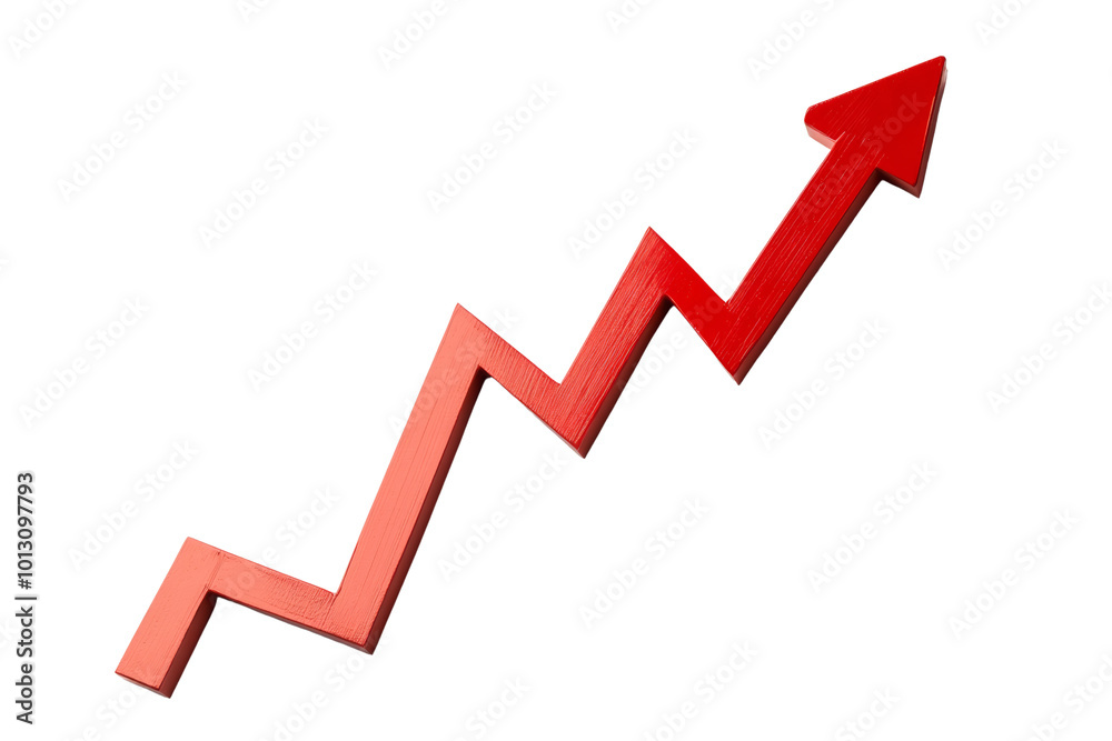Poster red upward arrow symbolizing growth and success on a white isolated background.