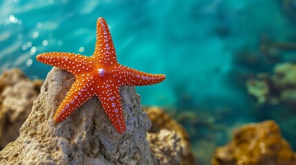 red starfish clinging to a rock in the shallows