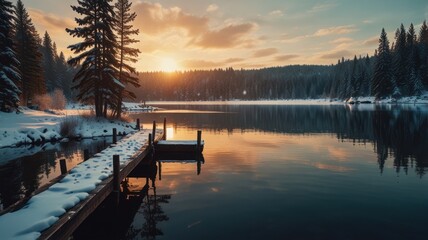 A wooden dock extends into a calm, snow-covered lake with a golden sunset over the forested hills.