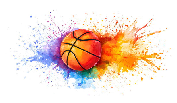 recommend clip art: Basketball with splashes of watercolor paint on a green background design
