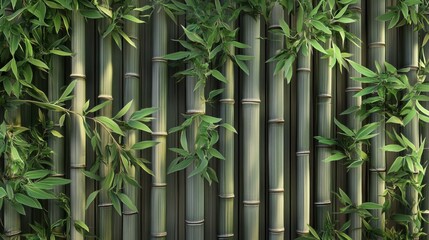 A serene bamboo fence design with tall, slender branches forming an elegant and eco-friendly outdoor wall. Realistic, highly detailed