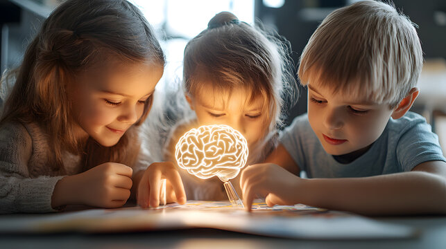 Children with glowing brains engaged in playful learning