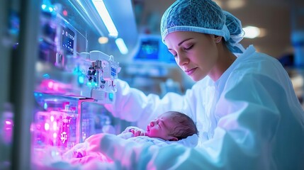 A caring healthcare professional monitors a newborn in a neonatal intensive care unit using advanced medical equipment.