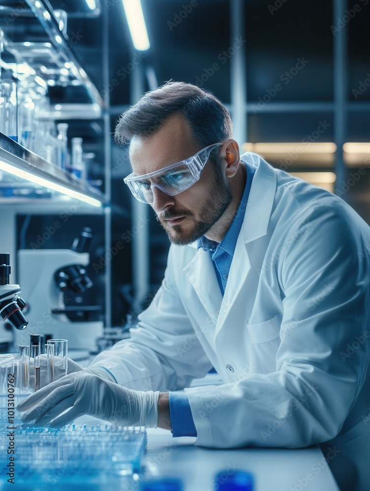 Aufkleber a scientist in a lab coat and safety glasses meticulously handles various test tubes and samples, fo