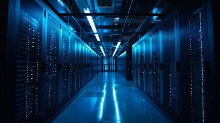 A High-Tech Data Center with Rows of Servers in Blue Light