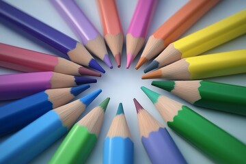 Naklejka premium Bunch of colored pencils are arranged in a circle. The pencils are of different colors and sizes. an colourful optimistic image that expresses client centric tailor-made concepts
