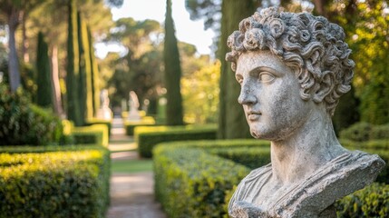 Fototapeta premium Stone bust in a garden with green bushes.