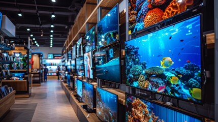 Modern Electronics Store Featuring Vibrant TV Displays with Colorful Underwater Scenes